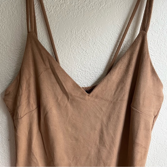 Suede Wrap Front Dress Spaghetti Straps Tan Taupe - Picture 3 of 9